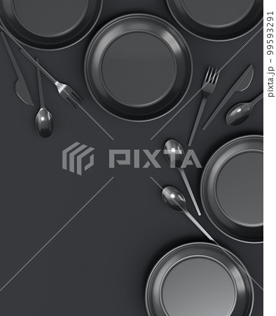 Set of disposable utensils like plate, folk, spoon and cup on monochrome black Set of disposable utensils like plate, folk, spoon and cup on monochrome black 99593291