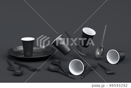 Set of disposable utensils like plate, folk, spoon and knife on monochrome black Set of disposable utensils like plate, folk, spoon and knife on monochrome black 99593292