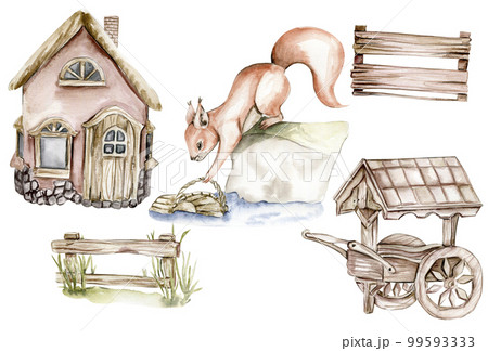 Watercolor illustration of an old country house, squirrel,wooden cart. An old rusty enamel element. Hand-drawn in watercolour on a white background. Perfect for wedding invitation, greetings card. Watercolor illustration of an old country house, squirrel,wooden cart. An old rusty enamel element. Hand-drawn in watercolour on a white background. Perfect for wedding invitation, greetings card. 99593333