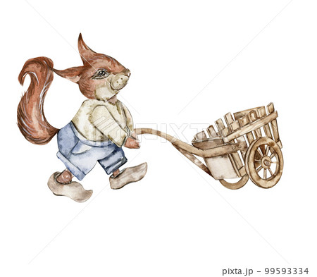 Watercolor illustration of a squirrel with wooden cart. An old rusty enamel element. Hand-drawn in watercolour on a white background. Perfect for wedding invitation, greetings card. Watercolor illustration of a squirrel with wooden cart. An old rusty enamel element. Hand-drawn in watercolour on a white background. Perfect for wedding invitation, greetings card. 99593334