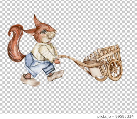 Watercolor illustration of a squirrel with wooden cart. An old rusty enamel element. Hand-drawn in watercolour on a white background. Perfect for wedding invitation, greetings card. Watercolor illustration of a squirrel with wooden cart. An old rusty enamel element. Hand-drawn in watercolour on a white background. Perfect for wedding invitation, greetings card. 99593334