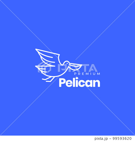 flying bird pelican flapping wings looking fish water lines art style logo design vector icon illustration template 99593620