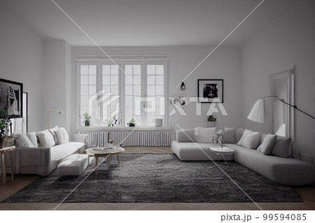 Stylish scandinavian living room with design mint sofa, furnitures, mock up poster map, plants and elegant personal accessories. Modern home decor. Bright and sunny room. Generative AI illustration. 99594085