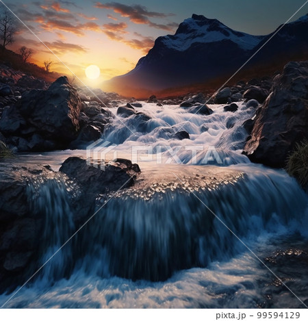 Beautiful natural landscape, mountain river, waterfall, rocks, mountains, sunset lighting Beautiful natural landscape, mountain river, waterfall, rocks, mountains, sunset lighting 99594129