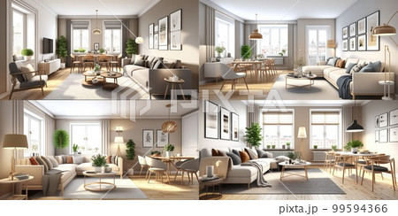 Stylish scandinavian living room with design mint sofa, furnitures, mock up poster map, plants and elegant personal accessories. Modern home decor. Bright and sunny room. Generative AI illustration. 99594366