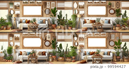 Stylish scandinavian living room with design mint sofa, furnitures, mock up poster map, plants and elegant personal accessories. Modern home decor. Bright and sunny room. Generative AI illustration. 99594427
