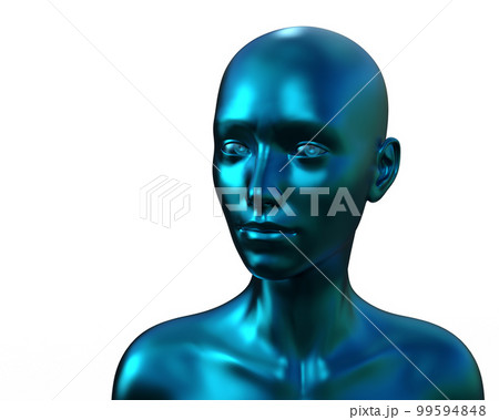 3d illustration. Portrait of a blue bald woman on a white background.  99594848