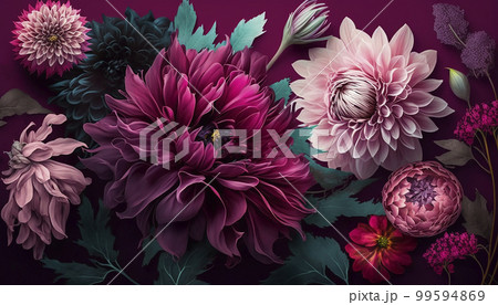Oil flower painting, botanic print on canvas, greeting card, nature concept. Generated AI. 99594869