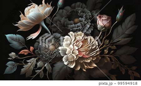 Oil flower painting, botanic print on canvas, greeting card, nature concept. Generated AI. 99594918