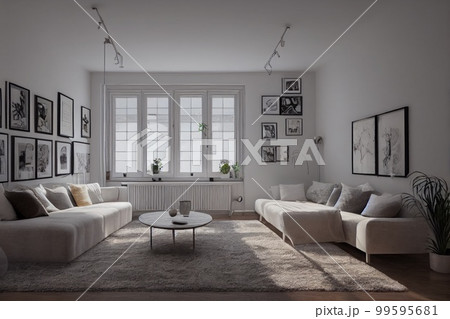 Stylish scandinavian living room with design mint sofa, furnitures, mock up poster map, plants and elegant personal accessories. Modern home decor. Bright and sunny room. Generative AI illustration. 99595681