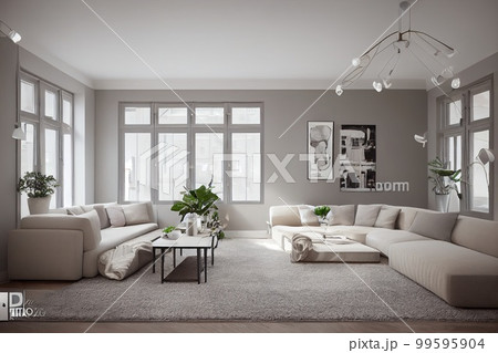 Stylish scandinavian living room with design mint sofa, furnitures, mock up poster map, plants and elegant personal accessories. Modern home decor. Bright and sunny room. Generative AI illustration. 99595904