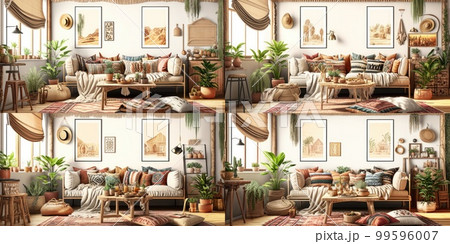 Stylish scandinavian living room with design mint sofa, furnitures, mock up poster map, plants and elegant personal accessories. Modern home decor. Bright and sunny room. Generative AI illustration. 99596007
