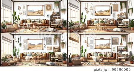 Stylish scandinavian living room with design mint sofa, furnitures, mock up poster map, plants and elegant personal accessories. Modern home decor. Bright and sunny room. Generative AI illustration. 99596009