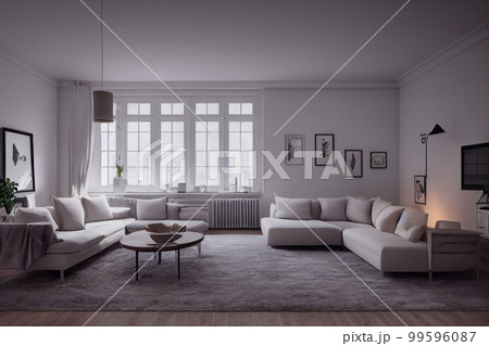 Stylish scandinavian living room with design mint sofa, furnitures, mock up poster map, plants and elegant personal accessories. Modern home decor. Bright and sunny room. Generative AI illustration. Stylish scandinavian living room with design mint sofa, furnitures, mock up poster map, plants and elegant personal accessories. Modern home decor. Bright and sunny room. Generative AI illustration. 99596087