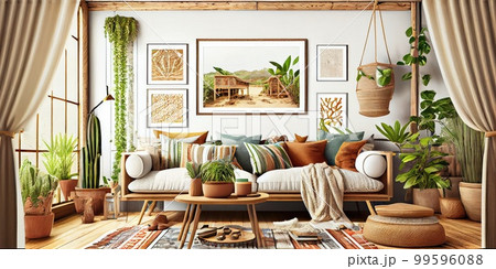 Stylish scandinavian living room with design mint sofa, furnitures, mock up poster map, plants and elegant personal accessories. Modern home decor. Bright and sunny room. Generative AI illustration. Stylish scandinavian living room with design mint sofa, furnitures, mock up poster map, plants and elegant personal accessories. Modern home decor. Bright and sunny room. Generative AI illustration. 99596088