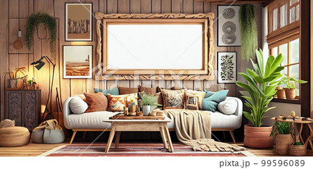 Stylish scandinavian living room with design mint sofa, furnitures, mock up poster map, plants and elegant personal accessories. Modern home decor. Bright and sunny room. Generative AI illustration. 99596089