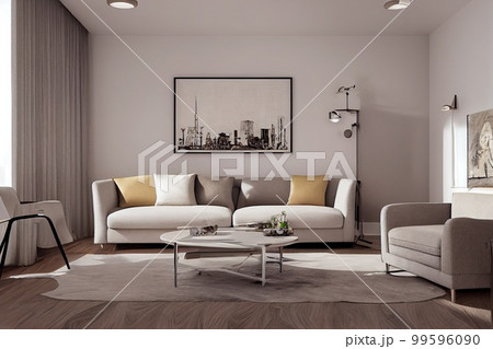 Stylish scandinavian living room with design mint sofa, furnitures, mock up poster map, plants and elegant personal accessories. Modern home decor. Bright and sunny room. Generative AI illustration. 99596090