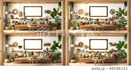 Stylish scandinavian living room with design mint sofa, furnitures, mock up poster map, plants and elegant personal accessories. Modern home decor. Bright and sunny room. Generative AI illustration. 99596142