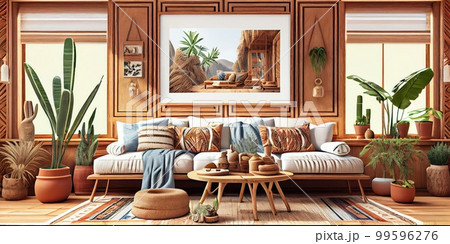 Stylish scandinavian living room with design mint sofa, furnitures, mock up poster map, plants and elegant personal accessories. Modern home decor. Bright and sunny room. Generative AI illustration. Stylish scandinavian living room with design mint sofa, furnitures, mock up poster map, plants and elegant personal accessories. Modern home decor. Bright and sunny room. Generative AI illustration. 99596276