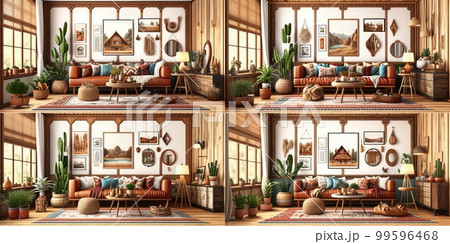 Stylish scandinavian living room with design mint sofa, furnitures, mock up poster map, plants and elegant personal accessories. Modern home decor. Bright and sunny room. Generative AI illustration. 99596468