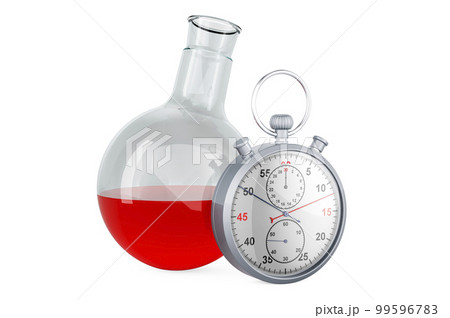 Chemical flask with green liquid with stopwatch, 3D rendering Chemical flask with green liquid with stopwatch, 3D rendering 99596783
