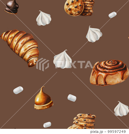 Watercolor seamless pattern with meringue, chocolate marshmallows, croissant, biscuits, orange souffl. Hand painting sweet on a white isolated background. For designers, menu, shop, bar, bistro Watercolor seamless pattern with meringue, chocolate marshmallows, croissant, biscuits, orange souffl. Hand painting sweet on a white isolated background. For designers, menu, shop, bar, bistro 99597249