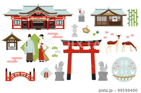 朱色の神社のイラストセット 朱色の神社のイラストセット 99598400