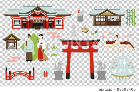 朱色の神社のイラストセット 朱色の神社のイラストセット 99598400