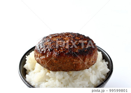 茶碗に盛ったご飯の上にのったハンバーグ 99599801
