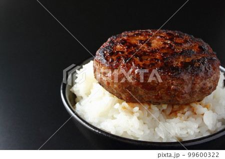 茶碗に盛ったご飯の上にのったハンバーグ 99600322