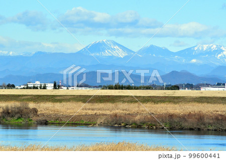 利根川、昭和橋脇の土手の上から真っ直ぐ北の男体山を見る 99600441