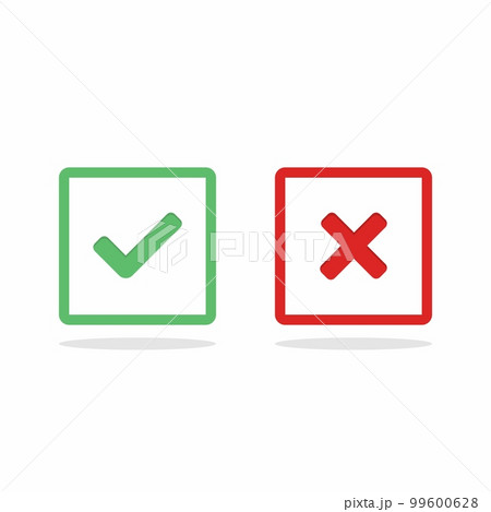 Check and wrong marks, Tick and cross marks, Accepted/Rejected, Approved/Disapproved, Yes/No, Right/Wrong, Green/Red, Correct/False, Ok/Not Ok - vector mark symbols in green and red. Isolated icon. 99600628