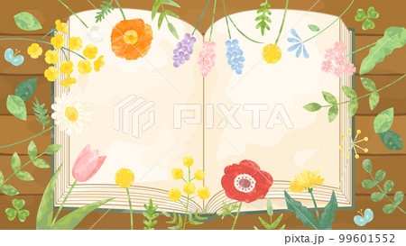 菜の花やチューリップなどの春の花とボードと本を組み合わせたイラスト アスペクト比16:9バージョン 菜の花やチューリップなどの春の花とボードと本を組み合わせたイラスト アスペクト比16:9バージョン 99601552