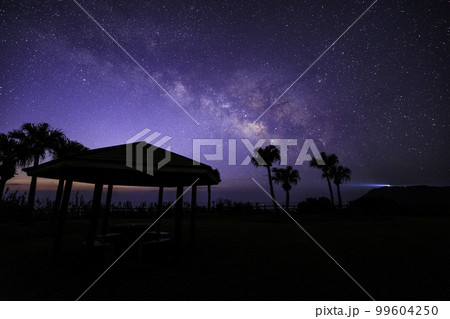 《宮崎県 かんなフラワーガーデン》恋ヶ浦展望台と天の川と都井岬灯台 99604250