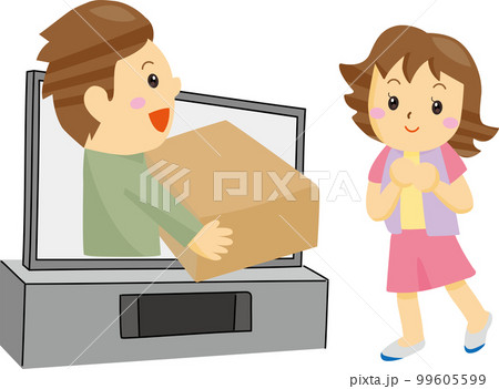 テレビから飛び出して大きな荷物を配達する男性と受け取る女性 テレビから飛び出して大きな荷物を配達する男性と受け取る女性 99605599