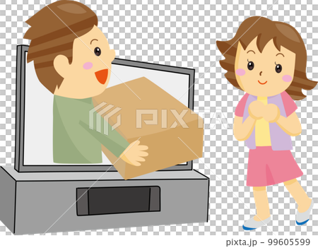テレビから飛び出して大きな荷物を配達する男性と受け取る女性 テレビから飛び出して大きな荷物を配達する男性と受け取る女性 99605599
