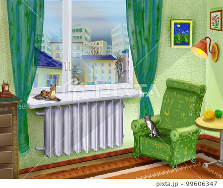 Domestic cats in a room illustration Domestic cats in a room illustration 99606347