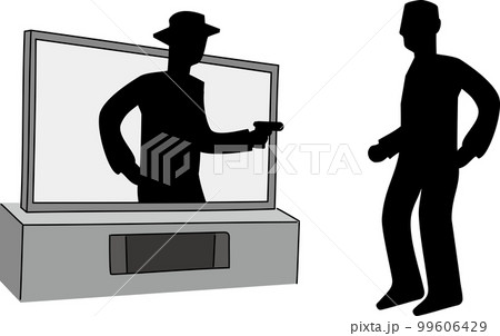 シンプルで大きなテレビの液晶画面に映る銃を向ける男性のイラスト 99606429