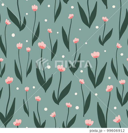 Cute floral pattern pink tulip flowers. Seamless vector texture. Elegant spring trend print. White dots snow. Green. Textiles, fabric, wallpaper, packaging, clothing products, social media layouts Cute floral pattern pink tulip flowers. Seamless vector texture. Elegant spring trend print. White dots snow. Green. Textiles, fabric, wallpaper, packaging, clothing products, social media layouts 99606912