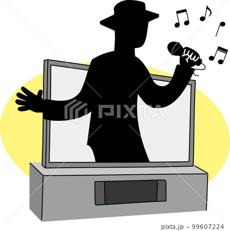 テレビ画面から飛び出して歌を唄う男性のシルエット 99607224