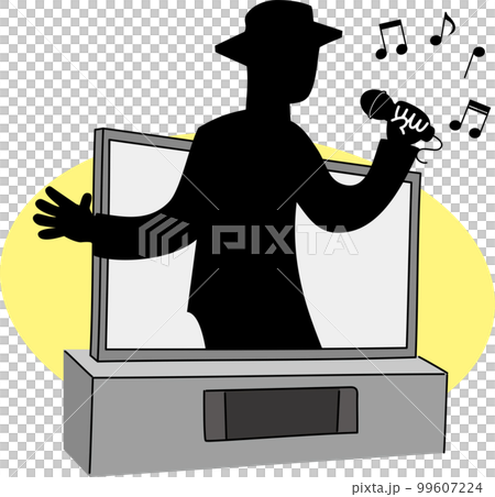 テレビ画面から飛び出して歌を唄う男性のシルエット 99607224