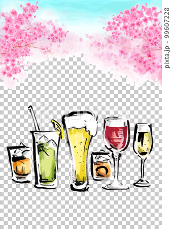 酒精飲料套裝和櫻桃樹林蔭道的手繪水彩風格背景圖 99607228
