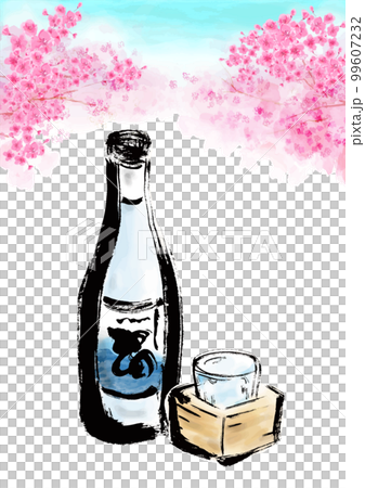 満開の桜を背景に日本酒のある手描きイラスト 99607232