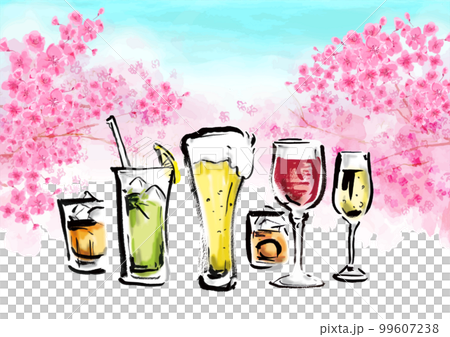 酒精飲料套裝和櫻桃樹林蔭道的手繪水彩風格背景圖 99607238