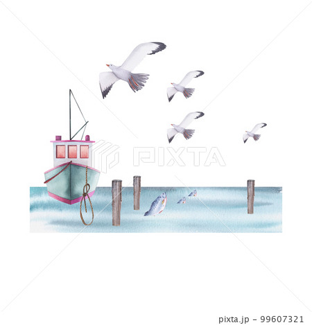 Ship at sea and seagulls watercolor illustration. Hand painted card with norwegian house isolated on white background. 99607321