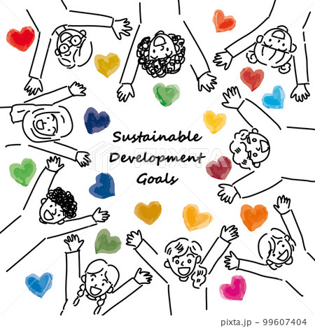 SDGsイメージのハートと世界の子供たちのCMYKシンプル線画（サークル） 99607404