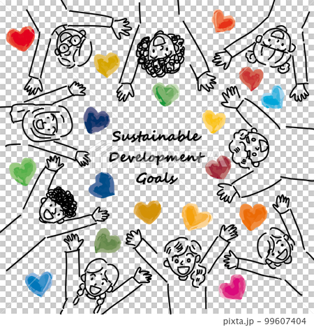 SDGsイメージのハートと世界の子供たちのCMYKシンプル線画（サークル） 99607404