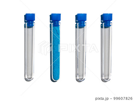 Blue flake chemical in test tube with plug cap, Copper(II) sulfate. Cosmetic chemicals ingredient on laboratory table. Blue flake chemical in test tube with plug cap, Copper(II) sulfate. Cosmetic chemicals ingredient on laboratory table. 99607826