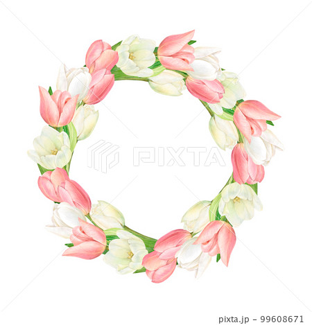 Watercolour wreath of beautiful white and pink tulips. Hand-drawn with a space for your words or photo in the center. High quality illustration for photoframe, logo, postcards Watercolour wreath of beautiful white and pink tulips. Hand-drawn with a space for your words or photo in the center. High quality illustration for photoframe, logo, postcards 99608671