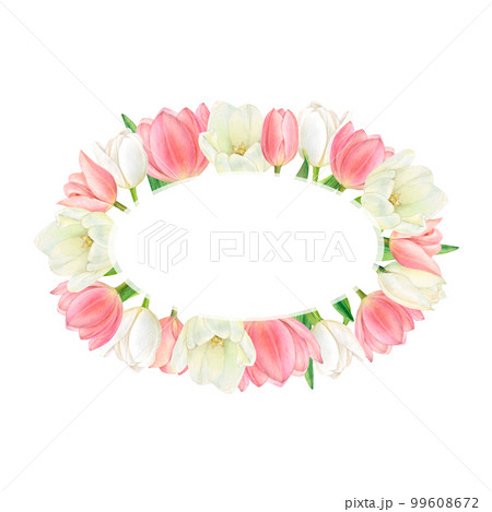 Watercolour oval border of beautiful white and pink tulips. Hand-drawn with space for your text in the center on the white background. Quality picture for greetings, invitation, celebration, holydays Watercolour oval border of beautiful white and pink tulips. Hand-drawn with space for your text in the center on the white background. Quality picture for greetings, invitation, celebration, holydays 99608672